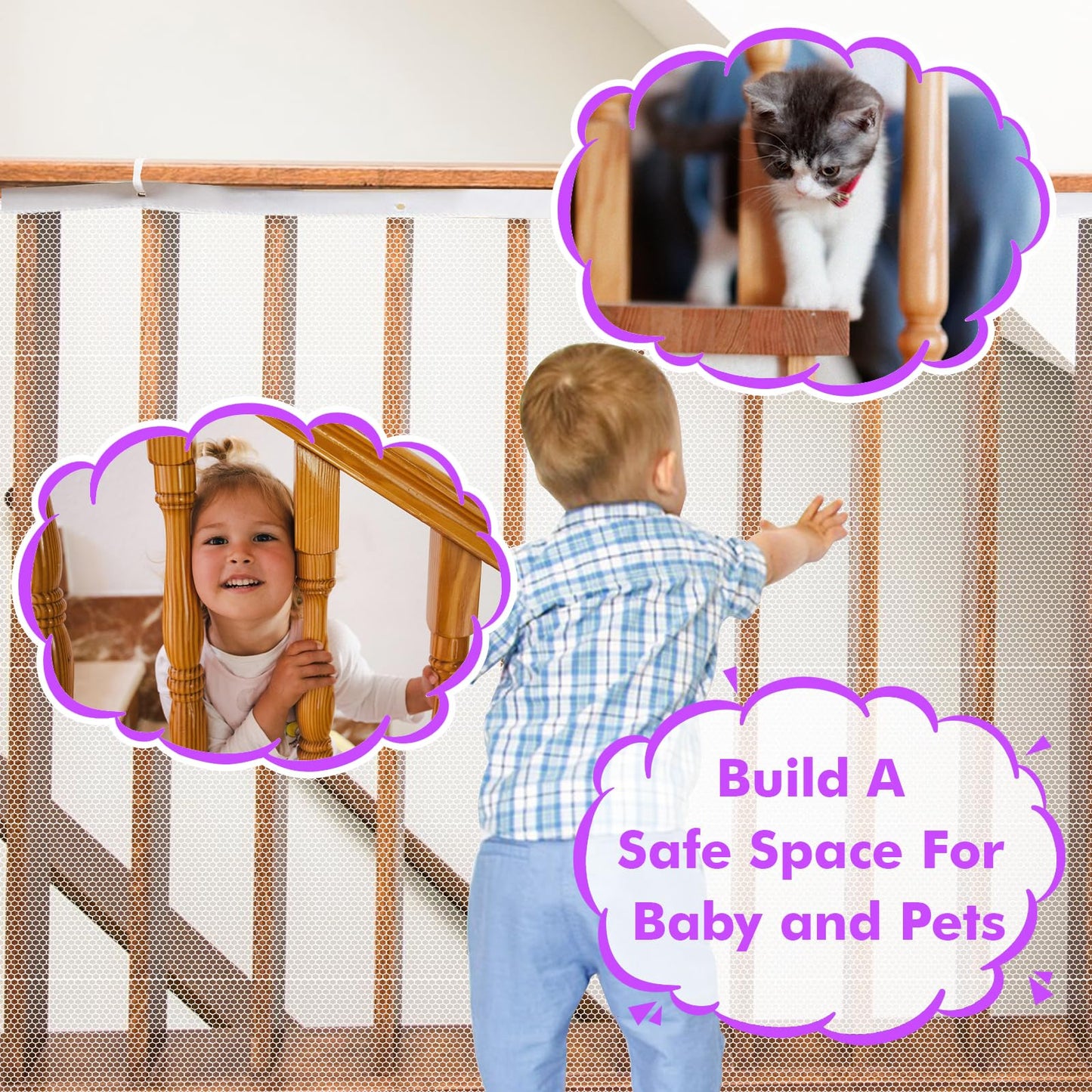 tupi Banister Guard for Baby - 10ft Lx 3ft H, Premium Balcony Netting for Pets, Child Safety Net, Stair Railing Proof Mesh for Kids, Toys, Pets - White