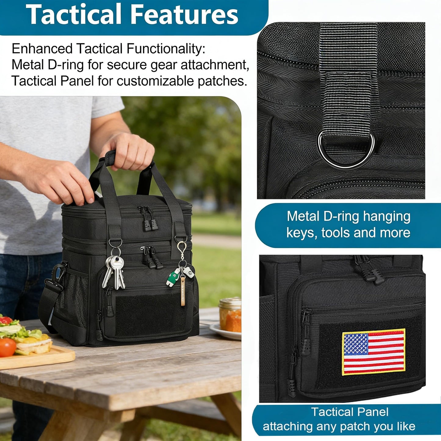GLENKEY Tactical Lunch Box Cooler Bag - Expandable Insulated Lunch Bag for Men Daily - Large Lunchbox for Adults Work Shifts Outdoor Trips Black 16L