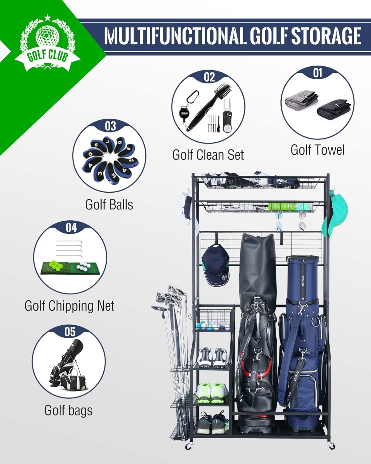 Mythinglogic Golf Bag Storage Organizer - 2-Bag Stand with 4 Removable Hooks for Golf Equipment