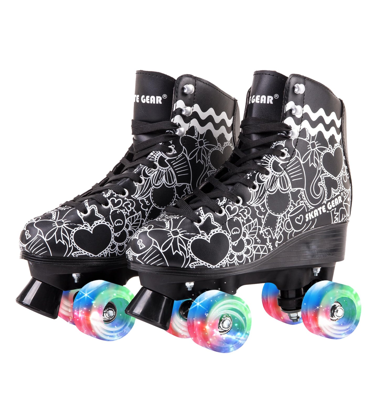 Skate Gear Extra Support Quad Roller Skates for Kids and Adults (Graphic Black w LED, Women's 6 / Youth 5 / Men's 5)