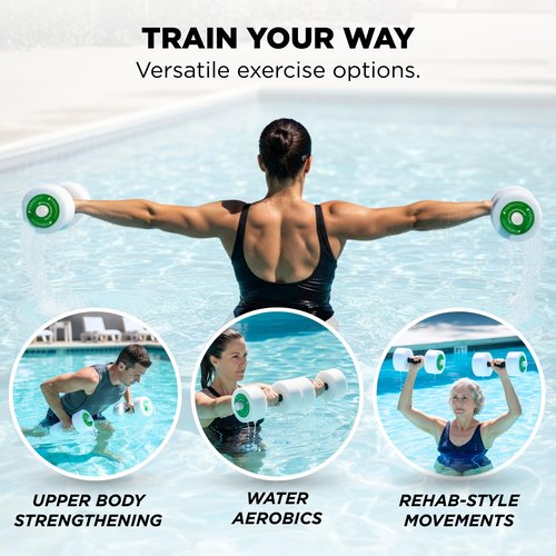 THERABAND Water Weights, Aquatic Dumbbells for Pool Fitness, 2 Foam Weights with Padded Grip for Water Aerobics, Therapy, Workouts, Pool Exercise Equipment, Aqua Training, Green, Medium, Intermediate