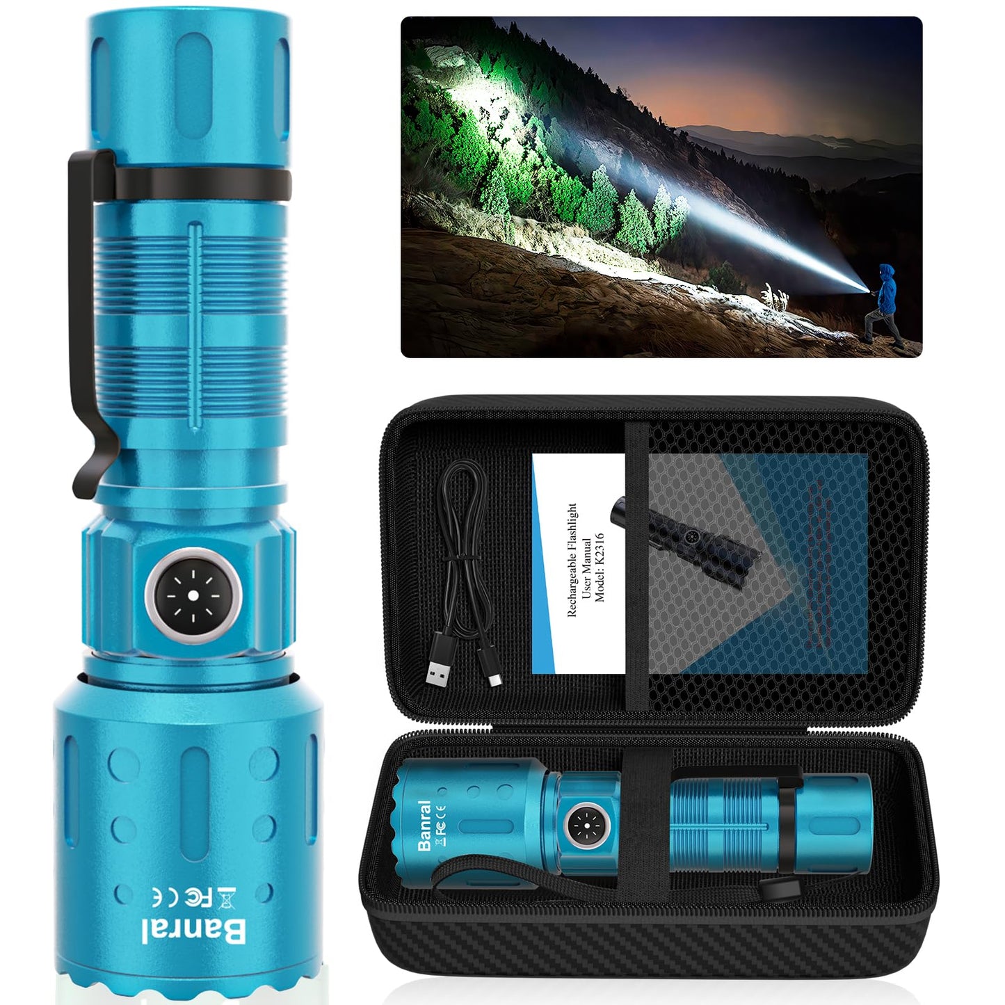 Banral Flashlights High Lumens Rechargeable, Super Bright Long Range Small Powerful Flashlight, 6 Modes LED Tactical Pocket Waterproof Flash Light for Home Emergency (2, Purple)