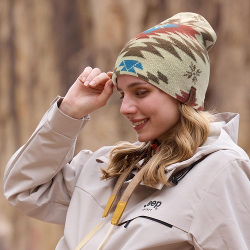 SPSKY Unisex Winter Knit Beanie, Warm Geometric Pattern Snowflake Hat, Soft Stretch Skull Cap for Outdoor Cold Weather Beige