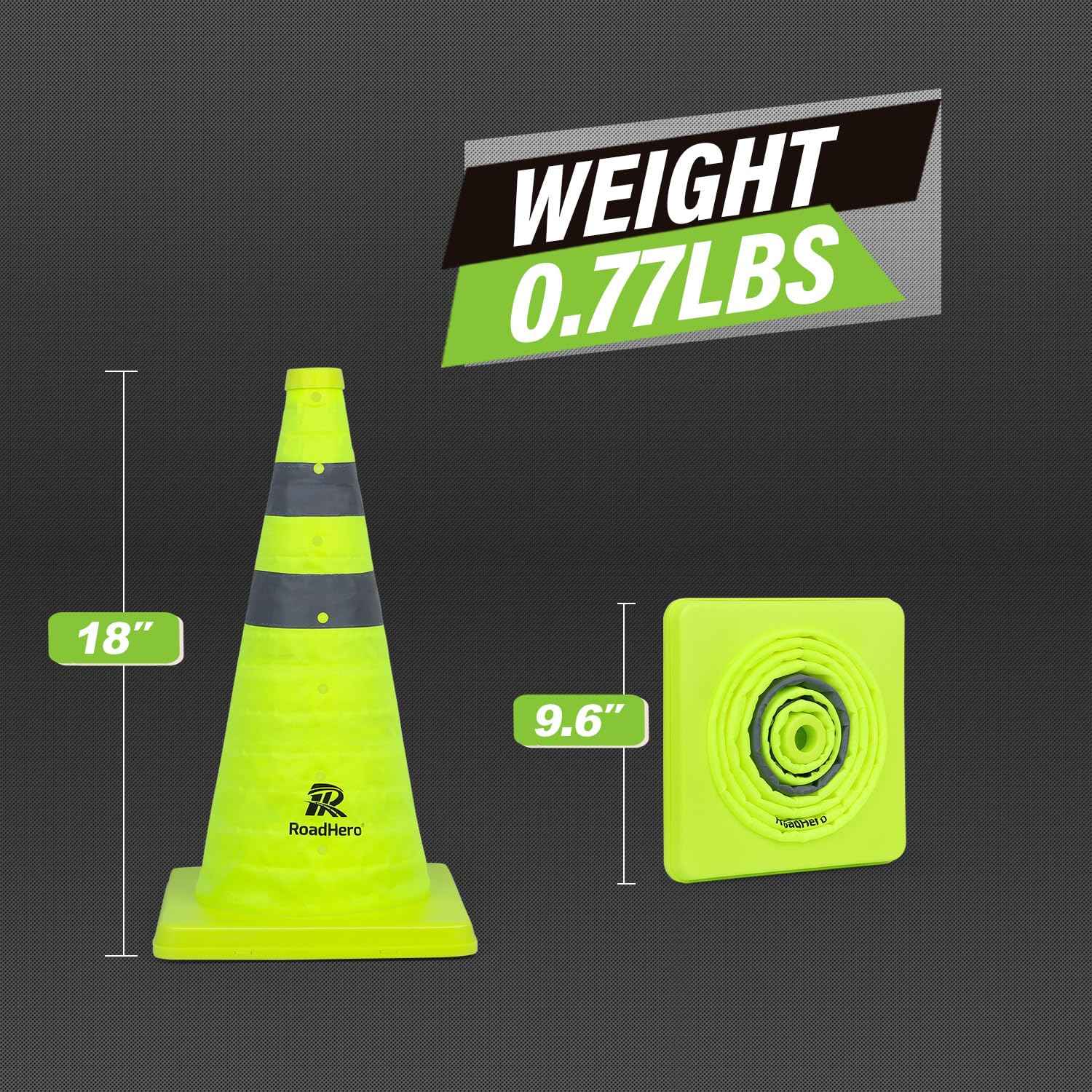 RoadHero 18 Inch 2 Pack Collapsible Traffic Safety Cones, Lime Green Pop-up Cones with Reflective Collar for Road Safety, Driving Training, Parking Lots