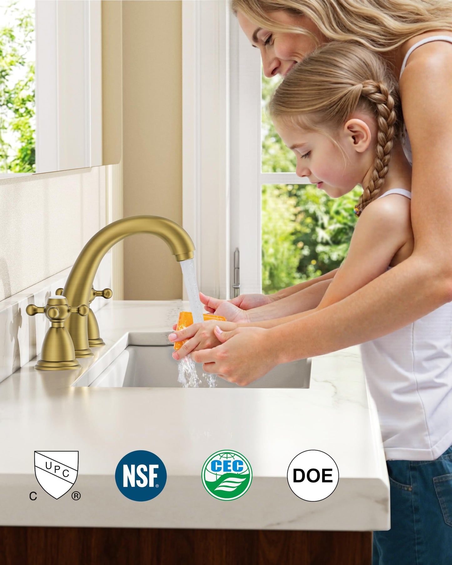 FORIOUS Brushed Gold Bathroom Faucet, Bathroom Sink Faucet 3 Hole with Pop Up Drain and Water Hose Supply, 2 Cross Handle Design, for Vanity RV Farmhouse Sink