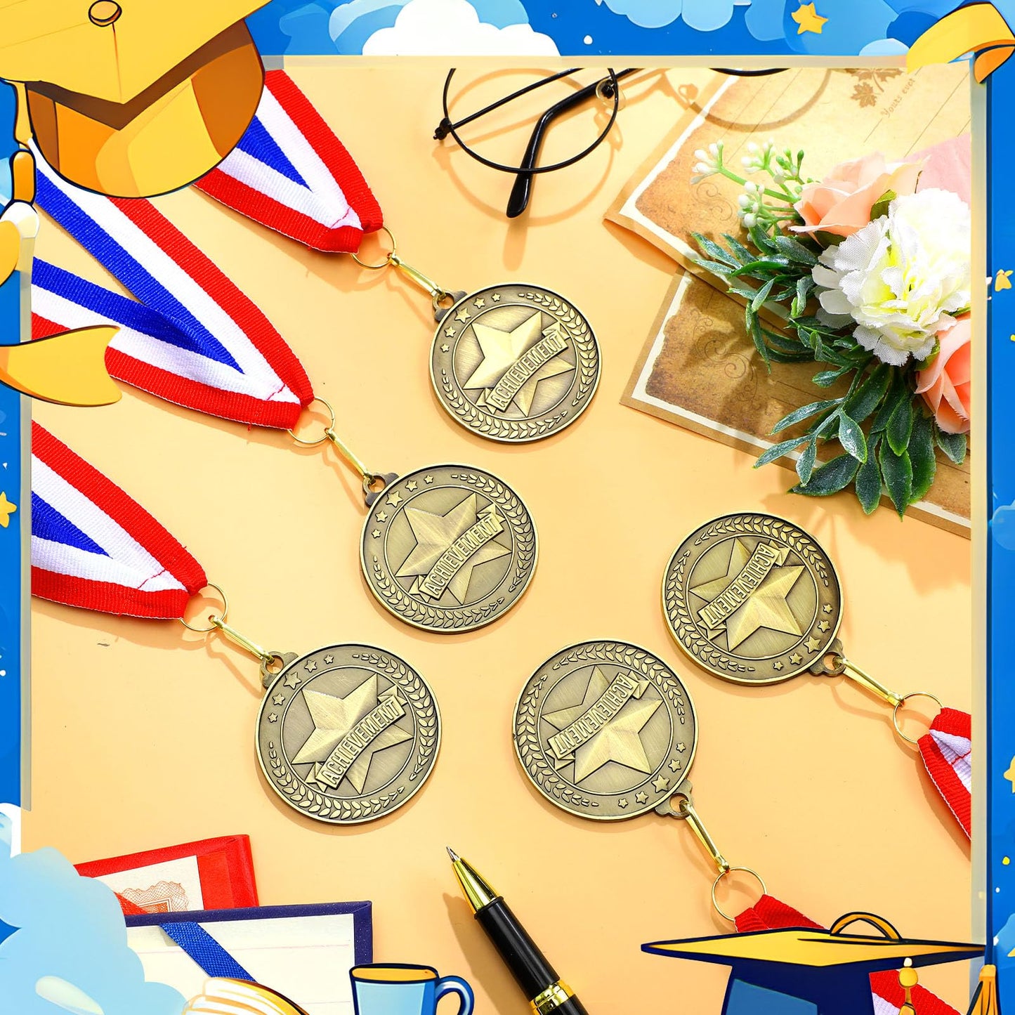 Quelay 20 Pcs 2'' Awards Medals with Neck Ribbons Winner Gold Medals Bulk Metal Trophy Award Prize Gift for Competitions School Education Tournaments Party Favor(Achievement)