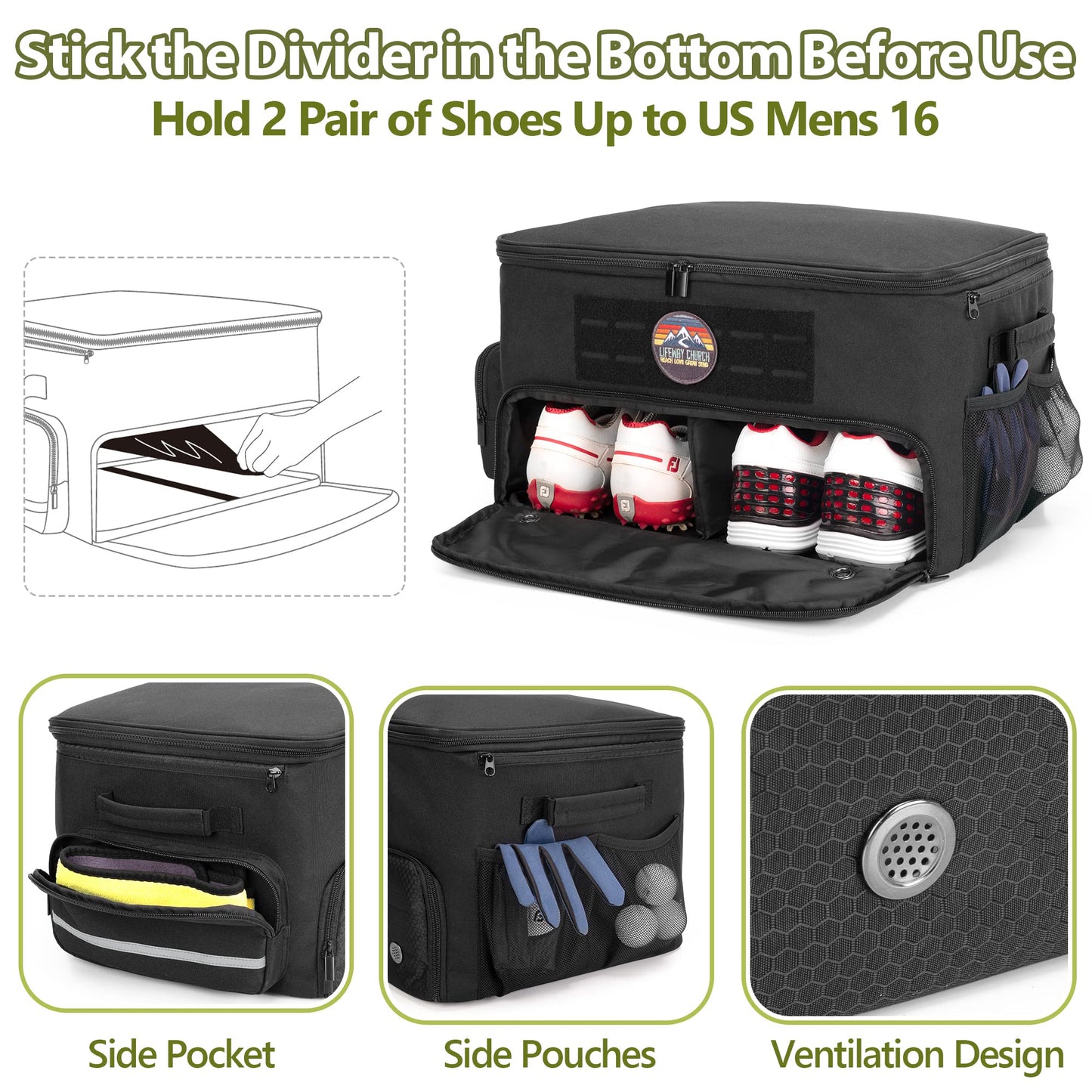 GOBUROS Golf Trunk Organizer Storage with Separate Compartment for 2 Pair Shoes Up to US Mens 16, Golf Car Locker Organizer for Balls, Tees, Clothes, Gloves, Accessories, Black