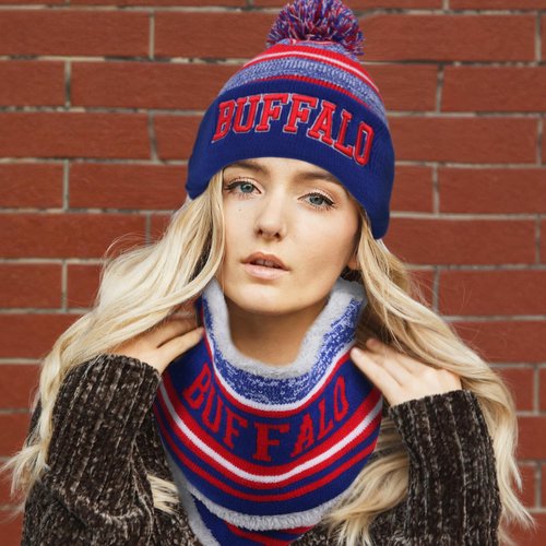 Buffalo Winter Beanie Hat Circle Scarf Set, Warm Football Knit Beanie Hat, Neck Warmer Scarves, Stylish Pom Pom Beanie Cap, Winter Gifts for Sport Fans with Stickers