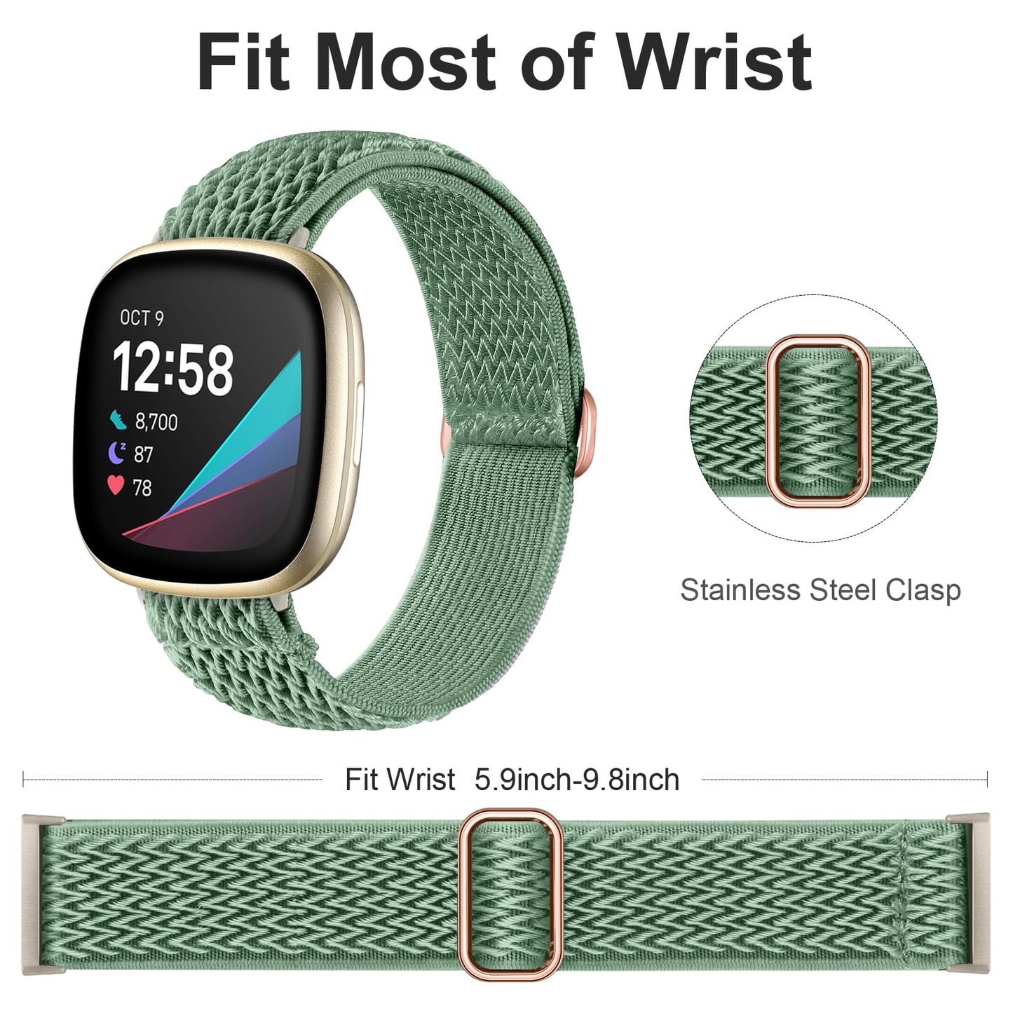 Ouwegaga Elastic Band Compatible with Fitbit Versa 4 Bands/Sense 2/Sense/Versa 3 Bands for Women Men, Adjustable Stretchy Nylon Solo Loop Sport Strap Compatible with Fitbit Smartwatch, 6 Packs