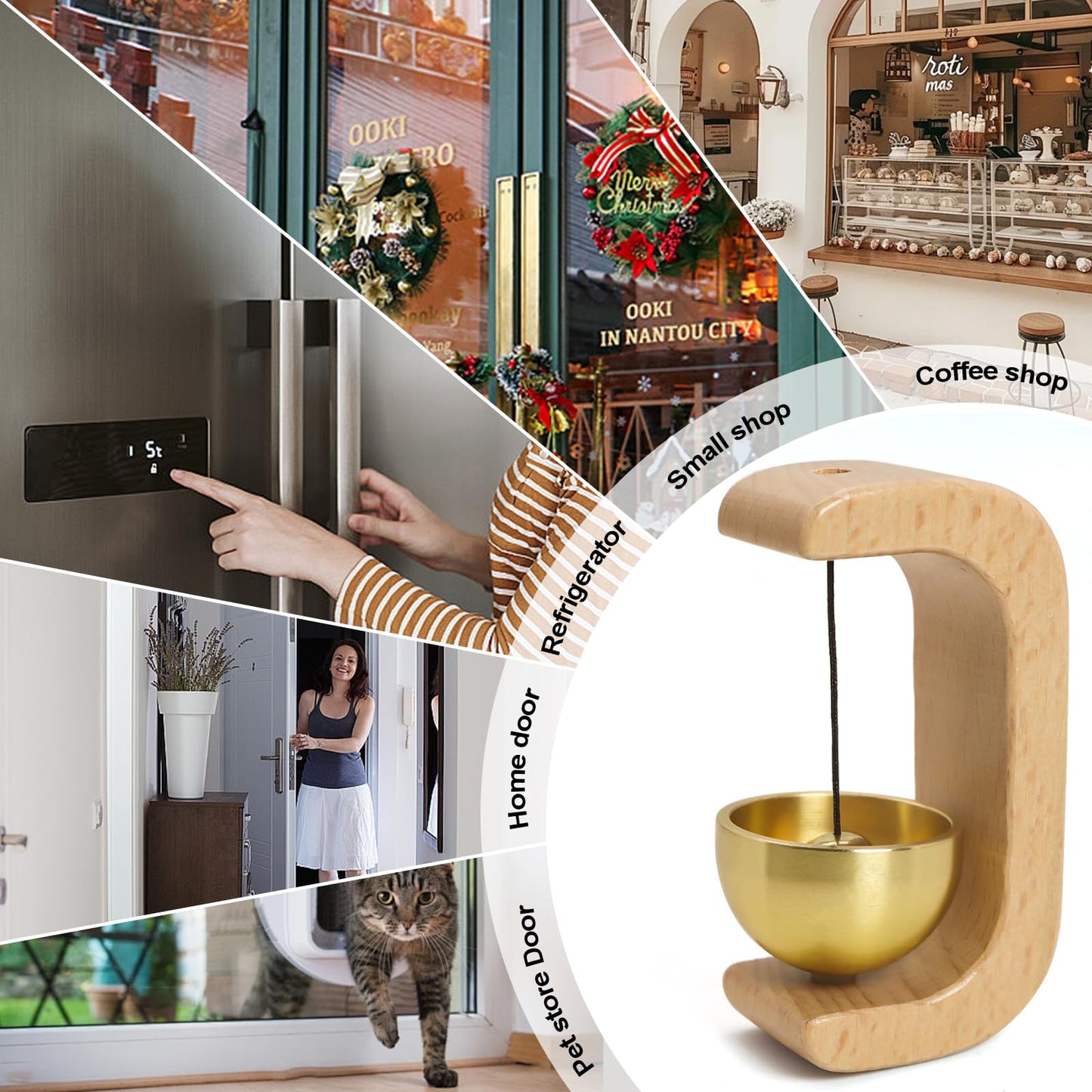 Magnetic Shopkeepers Bell, Decorative Wooden Chime with Brass Bell,with Self-Adhesive for Front Porch, Wall, Garden, Shop, Housewarming Gift, C Shape (2, Light)