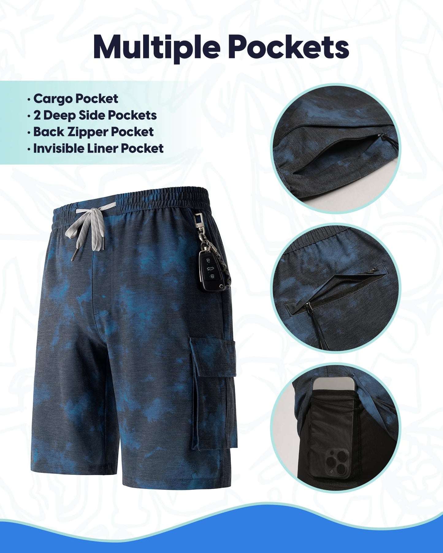 maamgic Mens Swim Trunks with Compression Liner 9 inch Quick Dry Men Bathing Suit Stretch Board Shorts Blue-Black