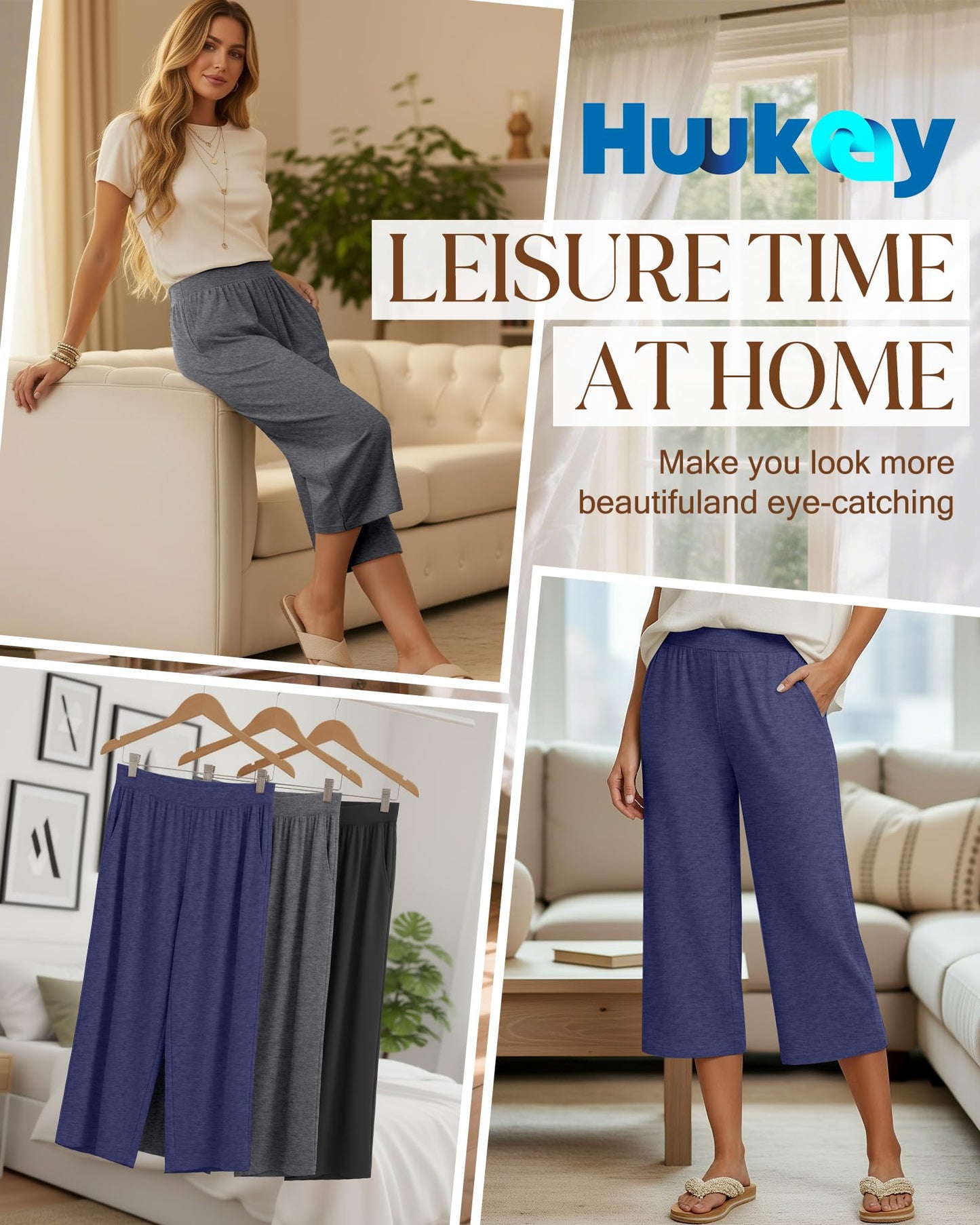 Huukeay 3 Pack Women's Capri Sweatpants Cozy Wide Legs Cropped Capri with Pockets Lounge Jogger Pants Workout Yoga Solid(Large,Black,Grey,Dark Blue)