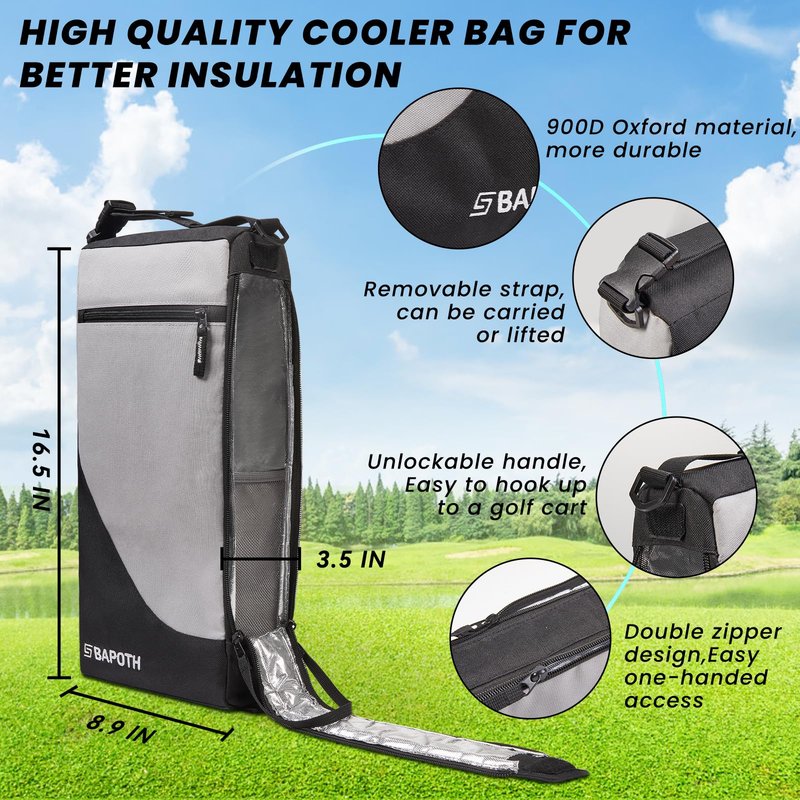 BAPOTH Golf Cooler Bag with 4 Ice Pack for 6 Hours, Large Capacity Golf Bag Cooler Hold 9-Can 12oz, 6-Can 16oz, 2 Bottle 750ml, Detachable Shoulder Strap for GolfCourse & Outdoor Parties