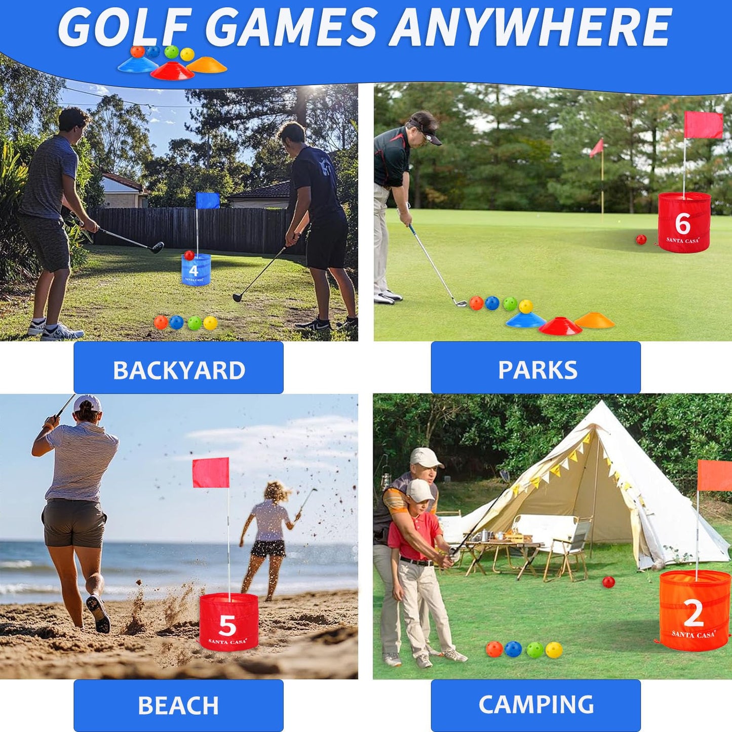 SANTA CASA Golf Backyard Bucket Game - 6-Hole Portable Yard Games Golf Chipping Practice Set for Adults & Pros, Lawn Golf Training, Family Fun at Beach & Park for Dad, Man, Teens