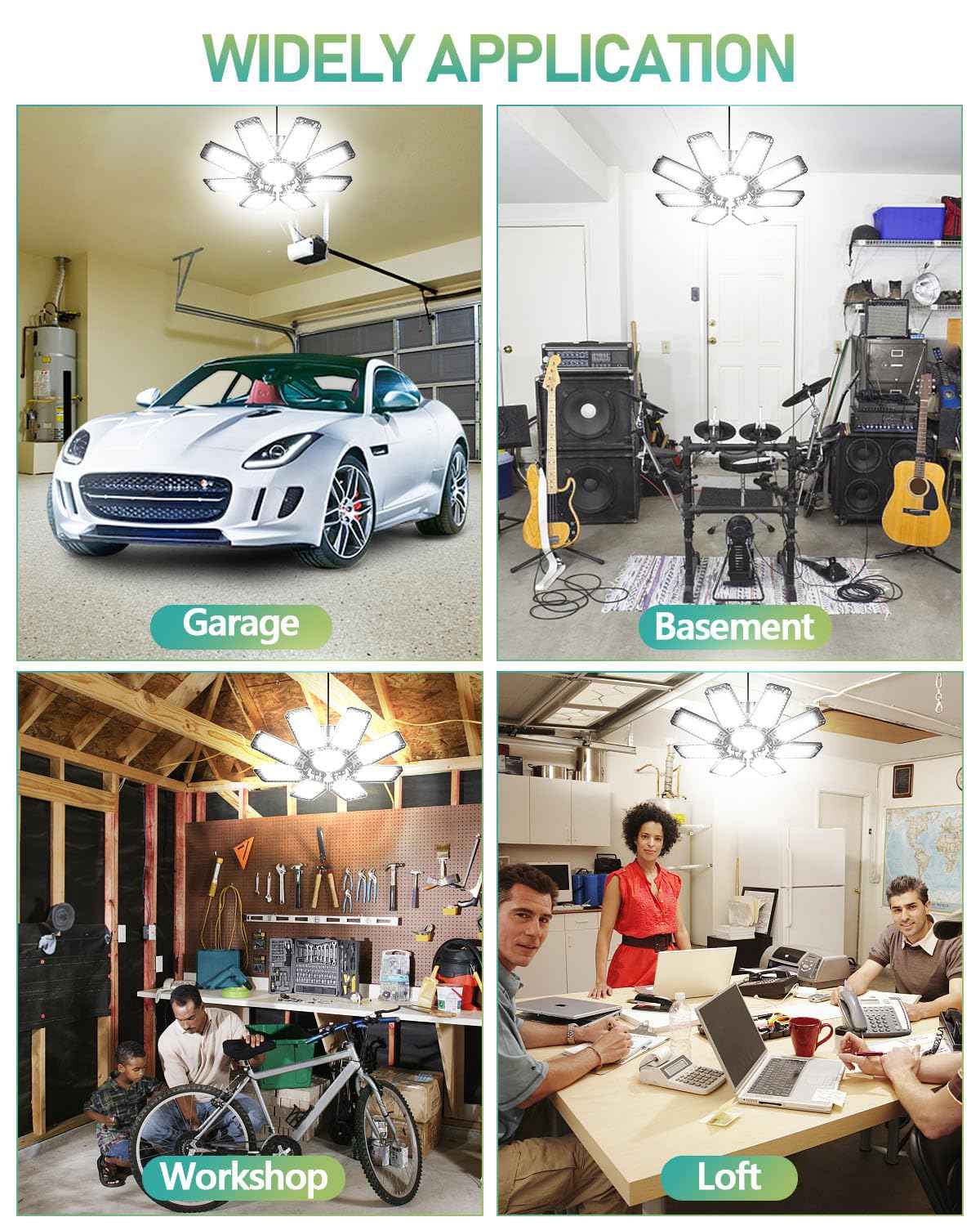 YIBEYYDS Garage Light - 240W 24000LM 6500K LED Garage Ceiling Lights with 8+1 Deformable Panels Support E26/E27 Screw in Light Fixture for Workshop, Basement (6)