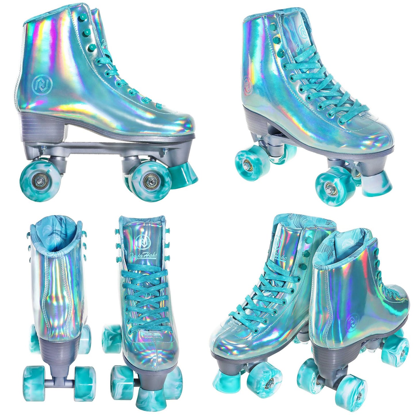 JajaHoho Roller Skates for Women, Shiny Holographic High Top Rollerskates, Double-Row Four Mixture Gradient Wheels Quad Skates for Girls Age 8-50 Indoor Outdoor (Size 8, Mint Green)