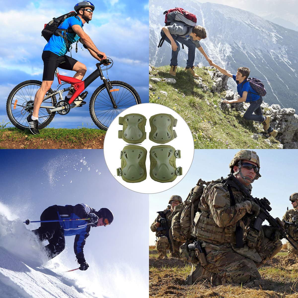 Tactical Combat Knee & Elbow Protective Pads Set for Outdoor CS Paintball Game Cycling Safety Skateboarding Gear Skates Knee Protection Guard Pads (Green)