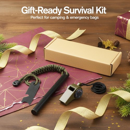 Daco Min 6" x 1/2" Drilled Ferro Rod Fire Starter Kit - Large Ferrocerium Flint and Steel, Multitool Striker & 3-in-1 Survival Whistle (with Compass, Thermometer)-Emergency Gear for Camping, Bushcraft