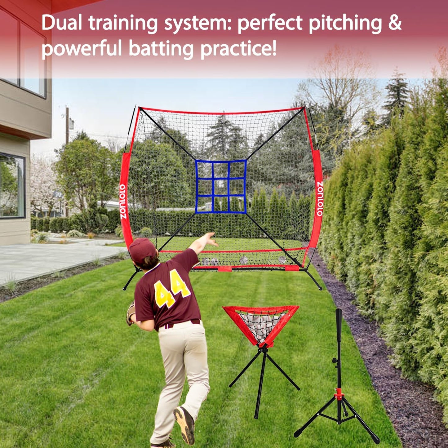 Skiennix Portable Baseball & Softball Net - Sturdy Bow Frame with Batting Tee & Ball Caddy | 6x6ft Size, Ideal for Kids