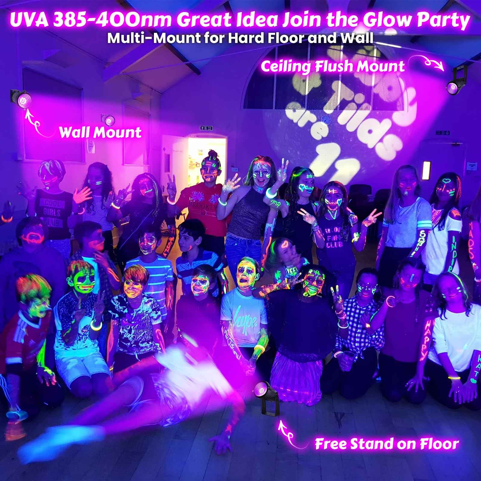 8 Pack Black Lights, IP66 Flood Light 15W LED Blacklight Glow Party Outdoor Spotlight with On/Off Switch + Plug + Metal Stakes for Landscape Lighting, Xmas, Body Paint, Fluorescent Poster, Halloween