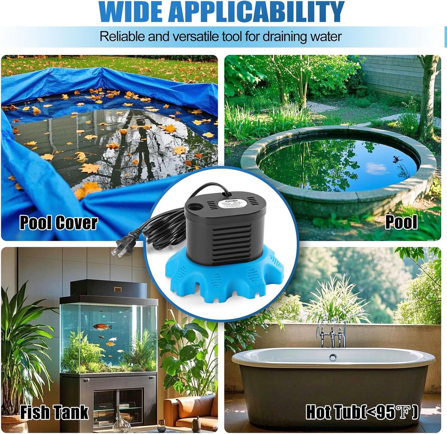 850 GPH Pool Cover Pump with 4 Hose Adapters & 23 FT Drain Hose - Ideal for Above Ground Pools, Ponds & Tubs
