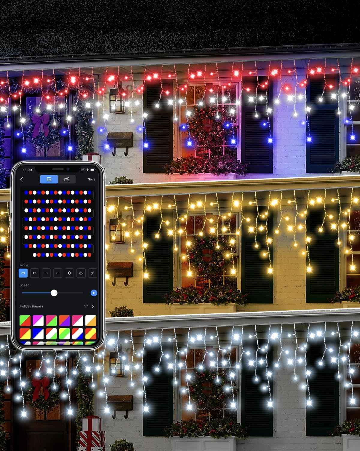 33FT Smart RGB Icicle Lights with 299 LED Drops - App & Remote Control, Music Sync Waterproof Christmas String Lights for Patio & Party Decor