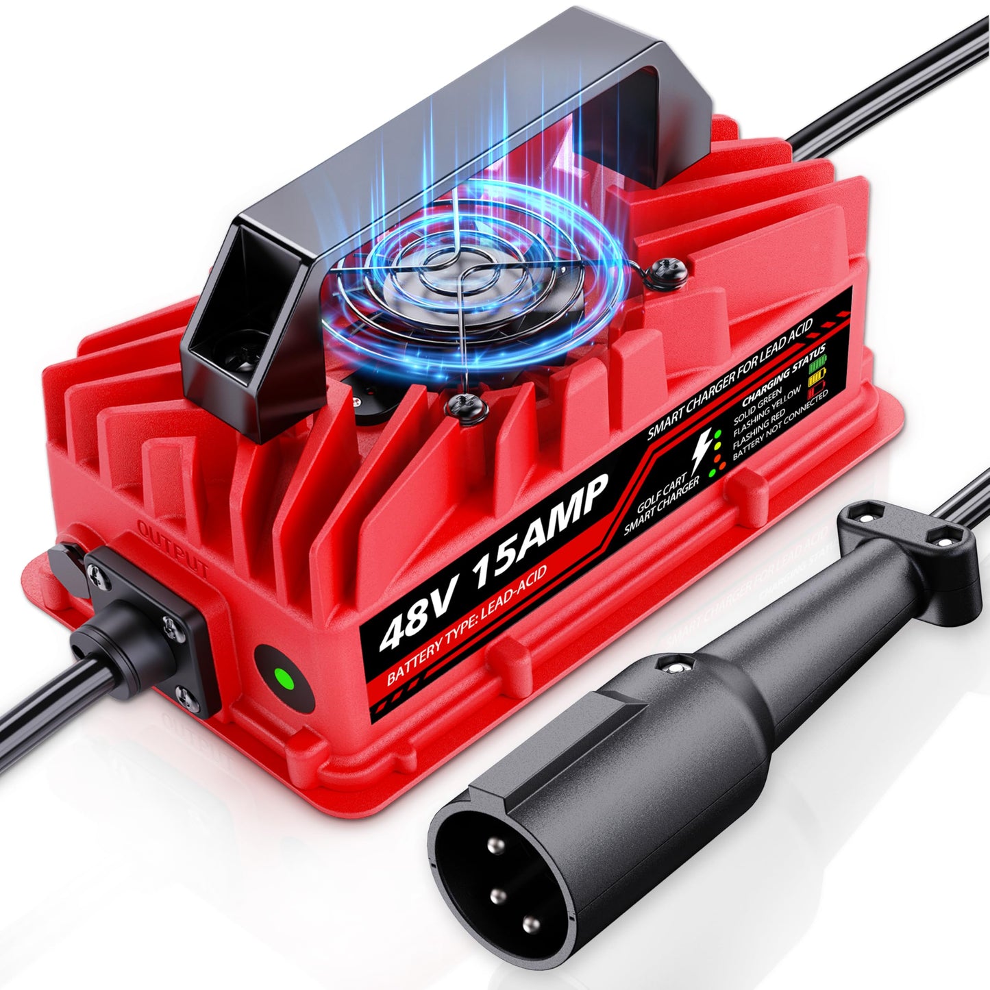 15 Amp 48 Volt Golf Cart Battery Charger for Club Car Precedent & DS - 3-Pin Round Plug, Smart Charger for Lead-Acid Batteries, IP67 Waterproof, Multi-Protection, Unique Design (Red)