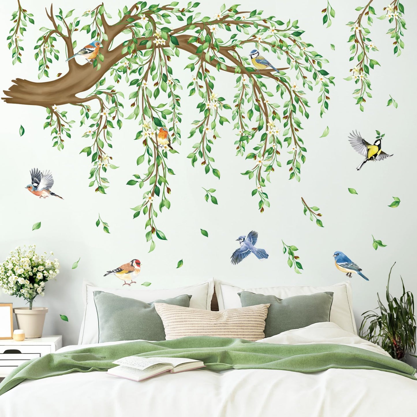 decalmile Large Hanging Vine Wall Decals Tree Branch Green Leaf Flower Birds Wall Stickers Living Room Tv Background Bedroom Wall Decor