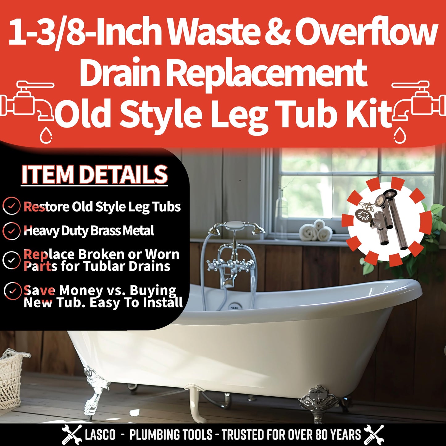 LASCO 03-4924 20-Gauge Brass Tubular Old Style Leg Tub Waste and Overflow Drain with Chain and Rubber Stopper, 1 3/8-Inch, Chrome Plated