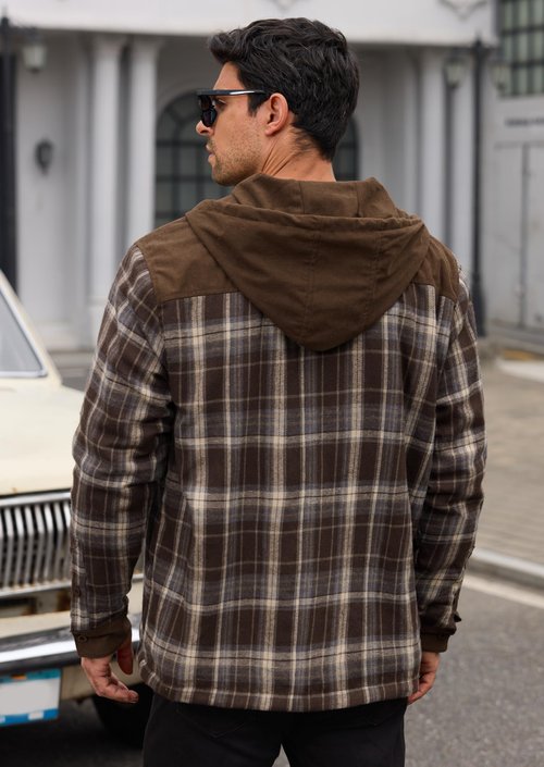 Herberton Mens Casual Thermal Jacket Insulated Cool Coat Sherpa Lined Plaid Flannel Hooded Corduroy Button Warm Fluff Classic Longsleeve Cotton Color Block Hoodie Brown - Plaid XL
