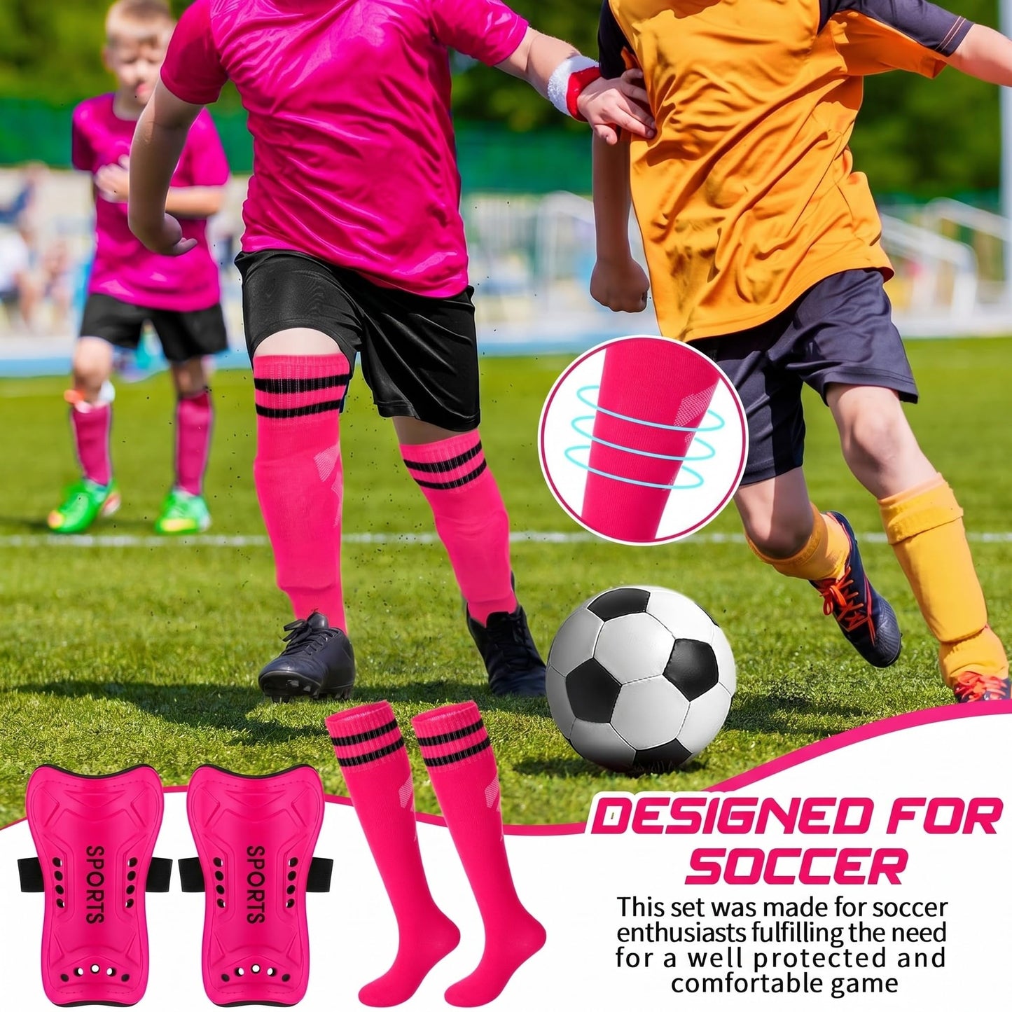 Syhood Soccer Shin Guards and Socks for Toddler Kids Youth, Lightweight Soccer Shin Pads Protective Defender Gear for 3-5, 5-10, 10-15 Years Old Children Teen Boys Girls Sports Game(M Size,Pink)