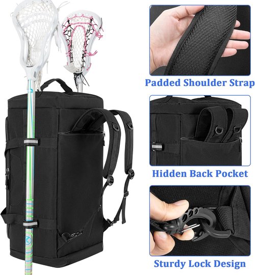 GOBUROS Lacrosse Bag - Holds 2 Sticks & Shoes | Versatile Backpack with Helmet Holder & Pockets - Black