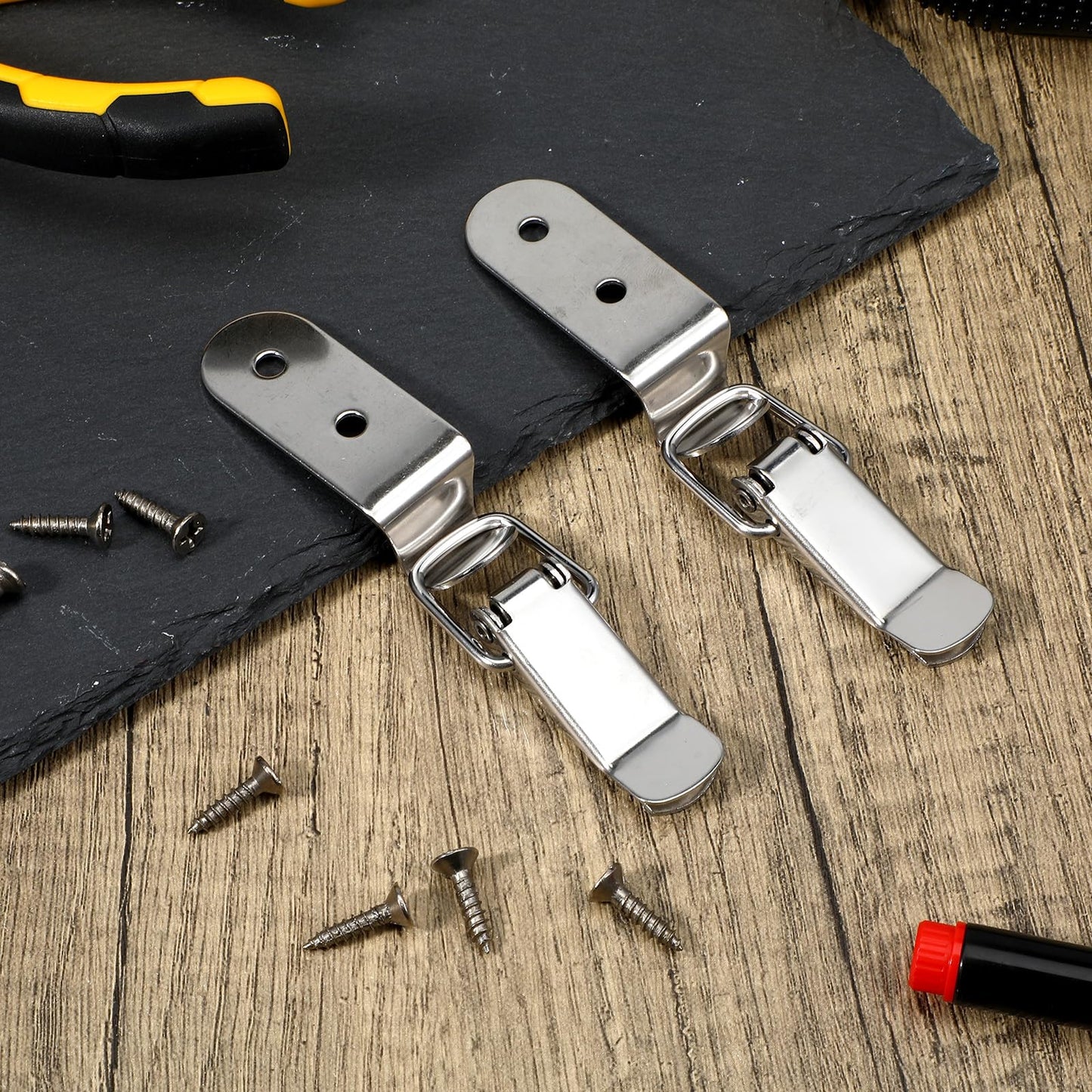 HJZHII 4PCS 90 Degree Tool Box Hood Locks Latches, Stainless Steel Spring Loaded Toggle Latch Catch Catch Hasp Clamp Clip Lock with 16 Screws for Wooden Case Toolboxes Cabinet Chest