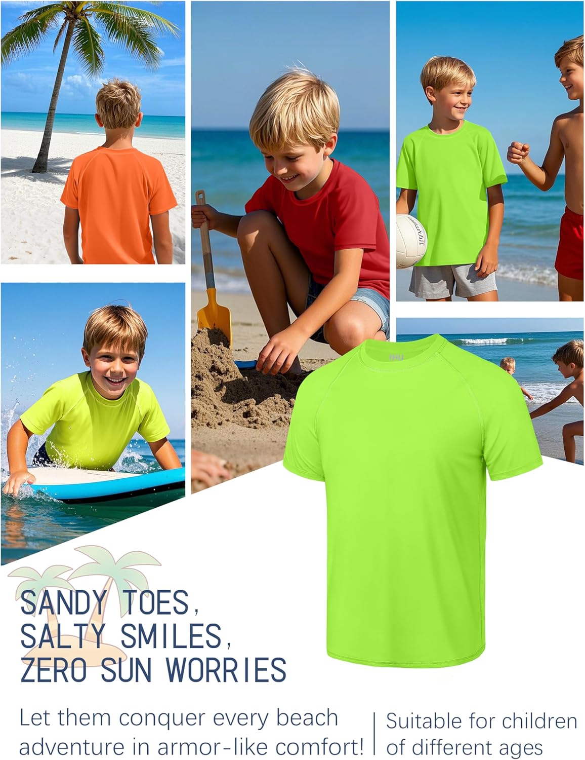 Skiennix Boys' Rash Guard | 4-Pack Neon UPF 50+ Short Sleeve Swim Shirts for Kids
