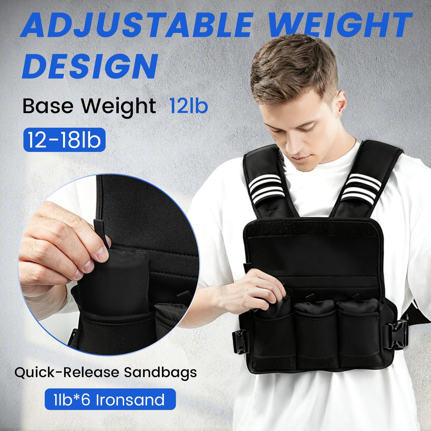 KUKZO Adjustable Weighted Vest Woman Men, 12-18lb Weight Vest with 6 Ironsand Weights for Strength Training Rucking Running Walking Fitness Workout, Black