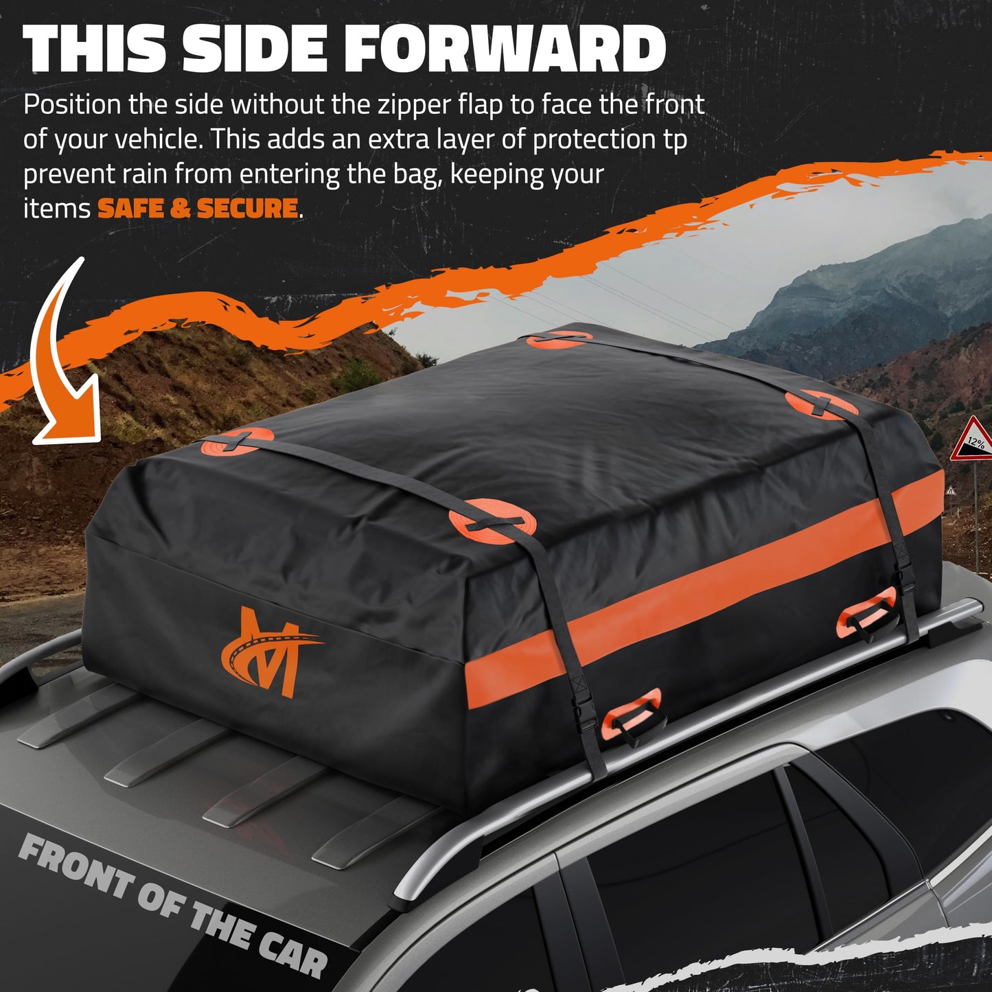 Mockins 20 Cu.Ft. Roof Cargo Bag for Top of Car | 53"x40"x17" All-Weather Rooftop Cargo Carrier Bag | Abrasion-Resistant Vinyl Car Top Carrier Without Roof Rack w/Mat, Straps, Hooks, Lock & Carry Bag