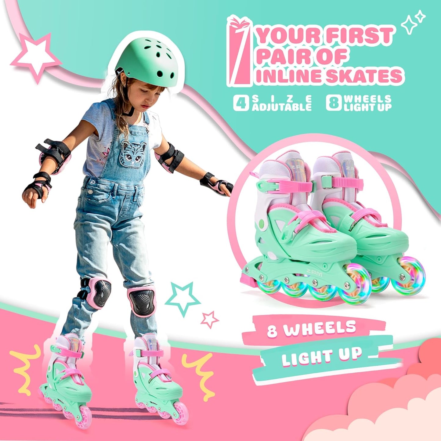 2PM SPORTS Inline Skates - Adjustable Light-Up Roller Skates for Kids Ages 4-12 | Perfect for Beginners