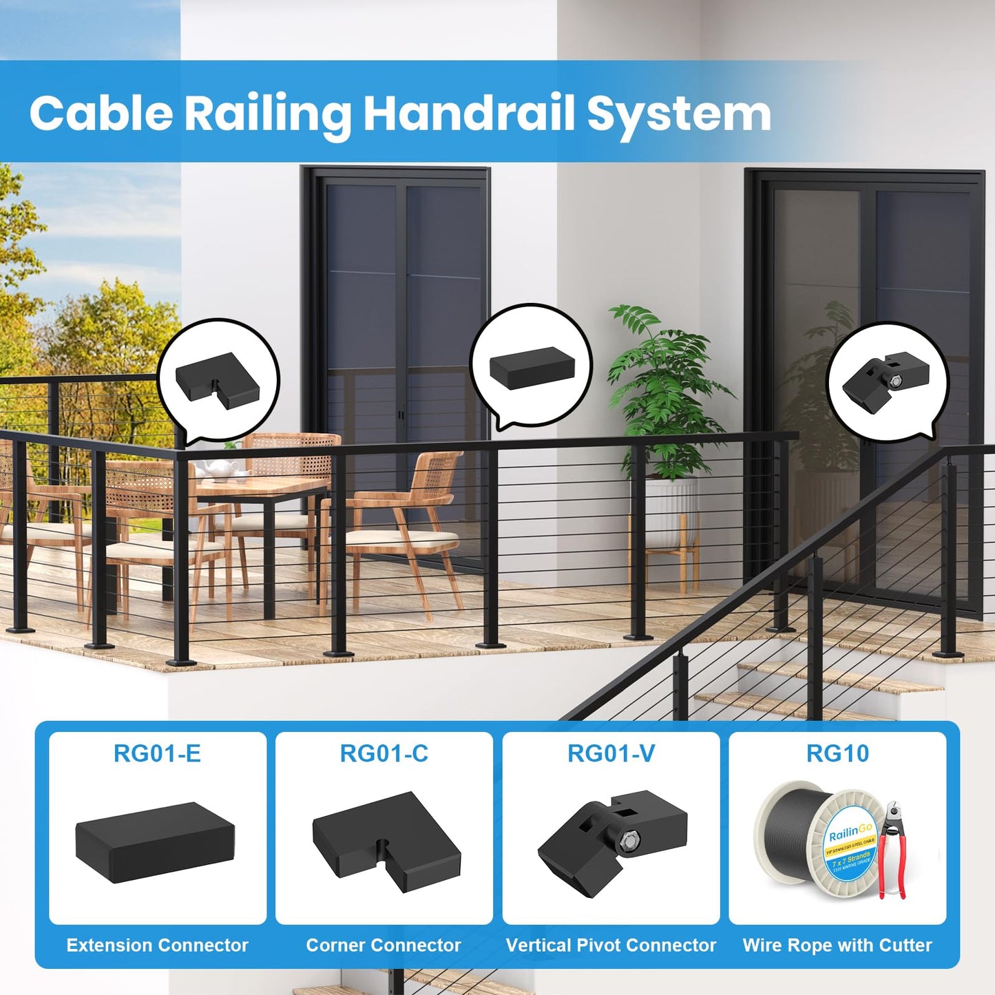RailinGo 6'6'' Rectangular Cable Railing Handrail, Black Stainless Steel Handrail with Nylon End Caps for Stair Cable Railing System, Black Deck Cable Wire Railing Hardware Kits, RG01-H