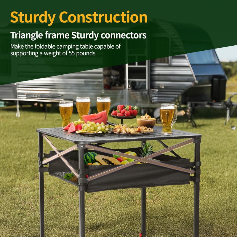 Nice C Aluminum Square Table, Adjustable Height Folding Camping Table, Lightweight Collapsible Table with Roll-up Tabletop, Carry Bag, for Outdoor, Camping, Picnic, backyards, BBQ (16'' Small)