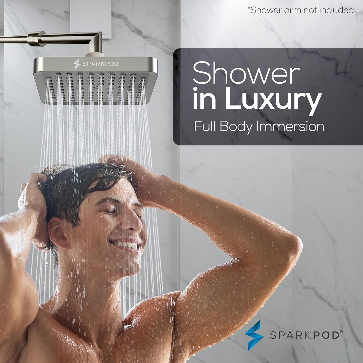 High Pressure Rain Shower Head - SparkPod Premium 6-Inch Square in Brushed Nickel - Easy Install & Clean