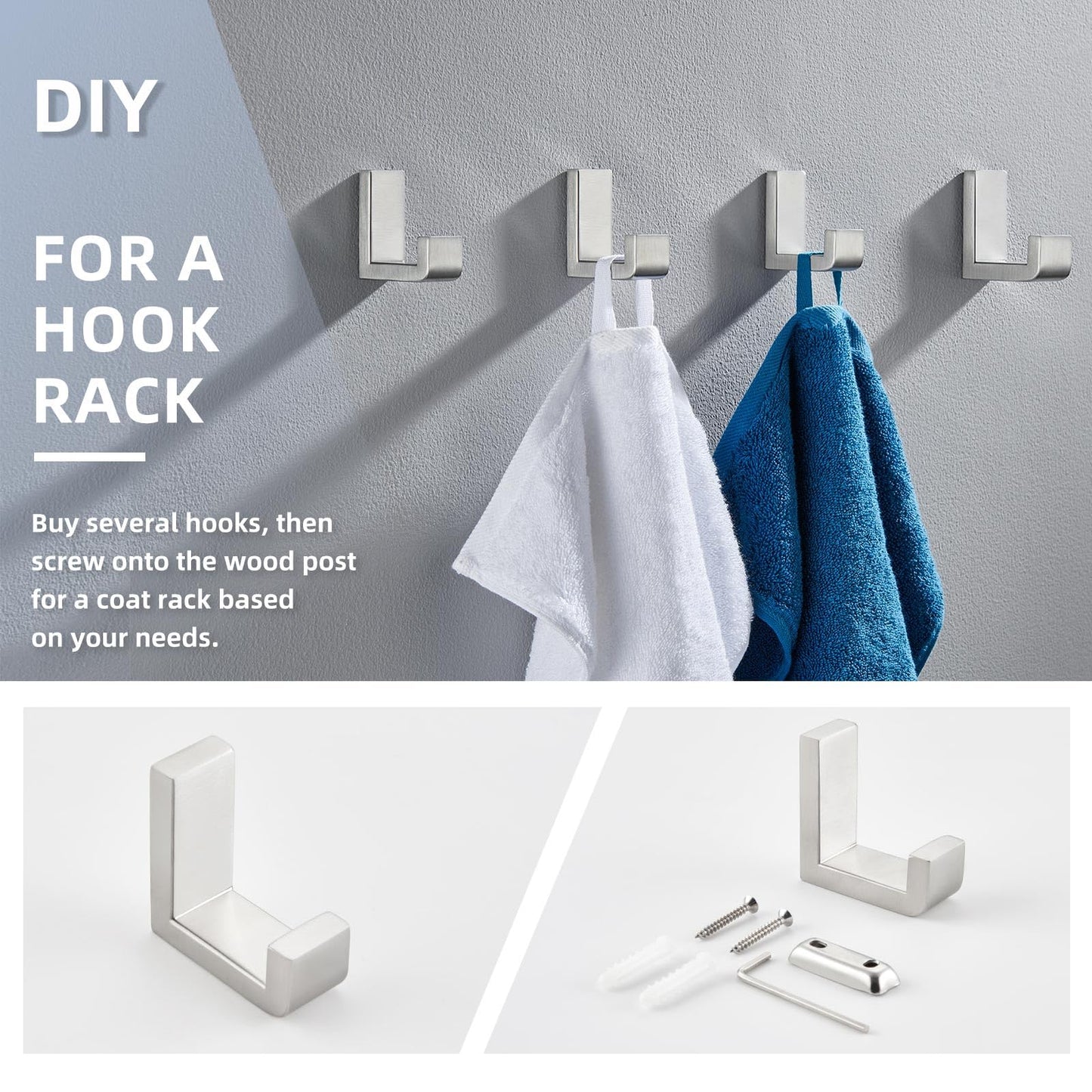 Angle Simple Towel Hook for Bathroom, SUS 304 Stainless Steel Shower Robe Coat Hook for Wall, Brushed Nickel