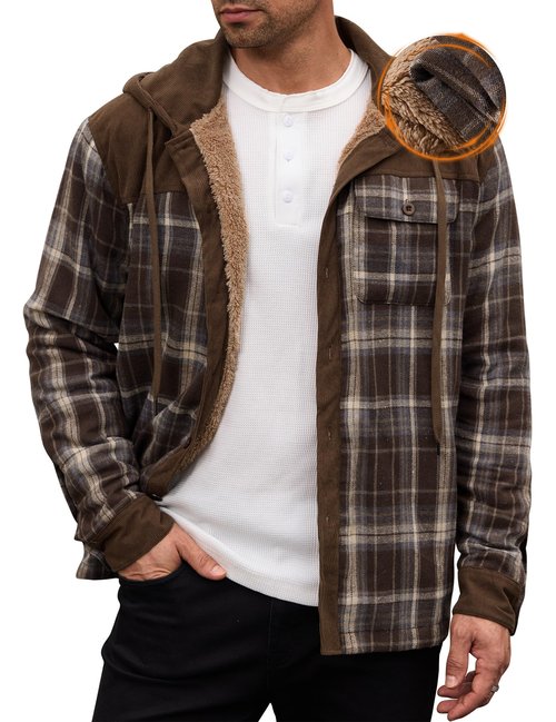 Herberton Mens Casual Thermal Jacket Insulated Cool Coat Sherpa Lined Plaid Flannel Hooded Corduroy Button Warm Fluff Classic Longsleeve Cotton Color Block Hoodie Brown - Plaid XL
