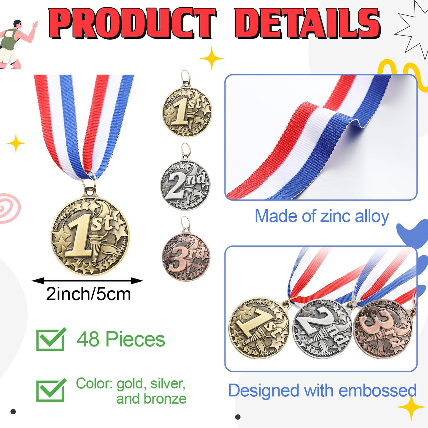 RoundFunny 24 Pcs Award Medals 1st 2nd 3rd Place Medals for Awards Winner Medal Gold Silver Bronze Medal with Neck Ribbon Trophy Award for Sports Competitions Party 2 Inches (Torch Style)