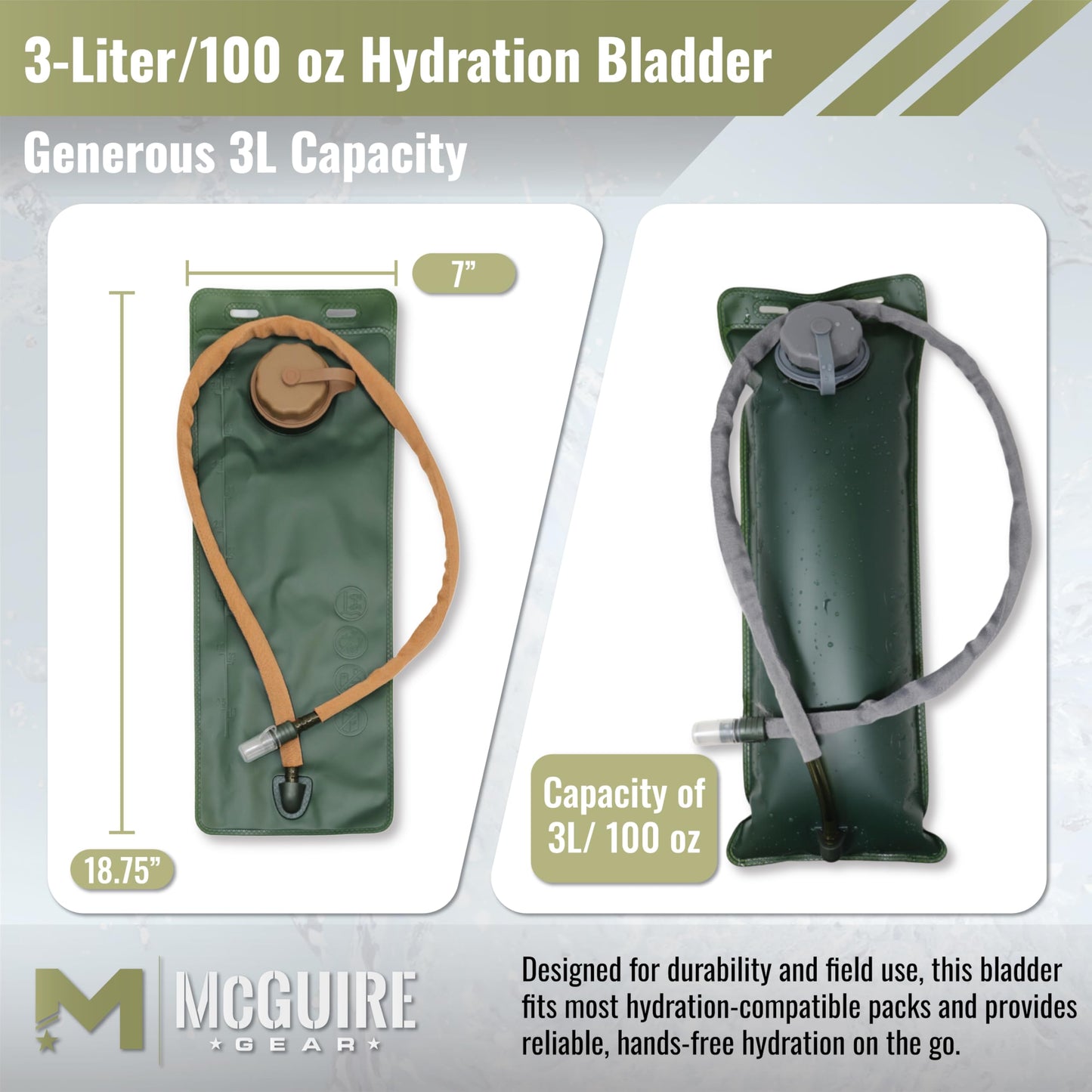 M MCGUIRE GEAR Hydration Bladder, 3L/100 oz. Water Bladder, Leak Proof Hydration Pack, Water Reservoir with Insulated Drinking Tube for Hiking, Cycling, and Biking (Olive Drab)
