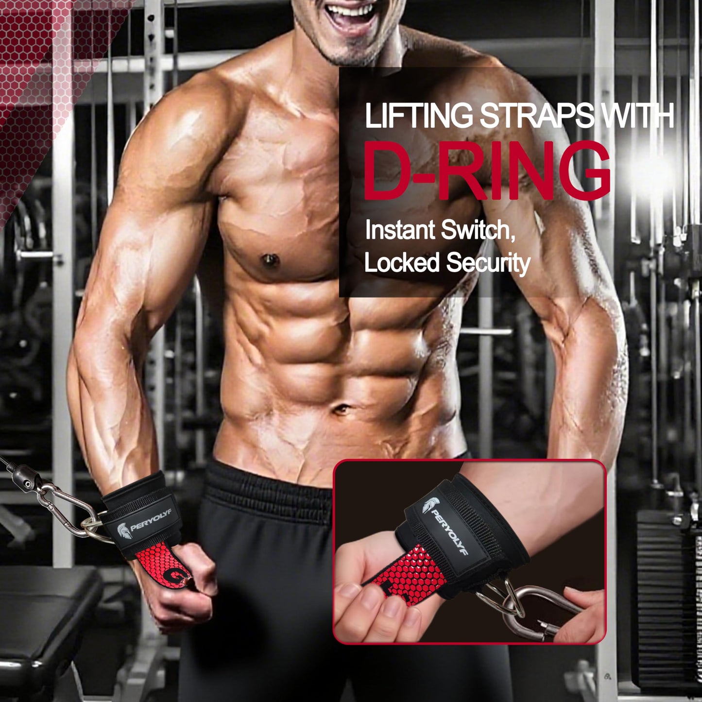 Double-Side Anti-Slip PERYOLYF Lifting Straps with D Ring - Adjustable Gym Straps for Deadlifts, Weightlifting & Cable Machine - Thick Wrist Support for Men & Women (Red)