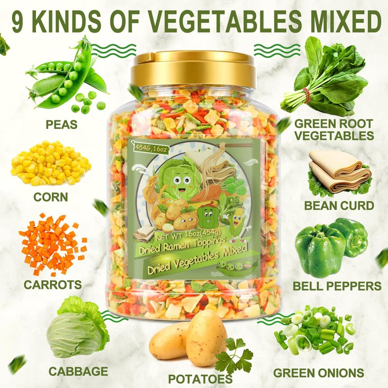9-Veggie Toppings for Ramen, 16oz All Natural Vegetable Instant Ramen Toppings, Dehydrated Veggies for Noodles, Soups, Camping, and Emergency Food, No Additives, 1 LB Canister