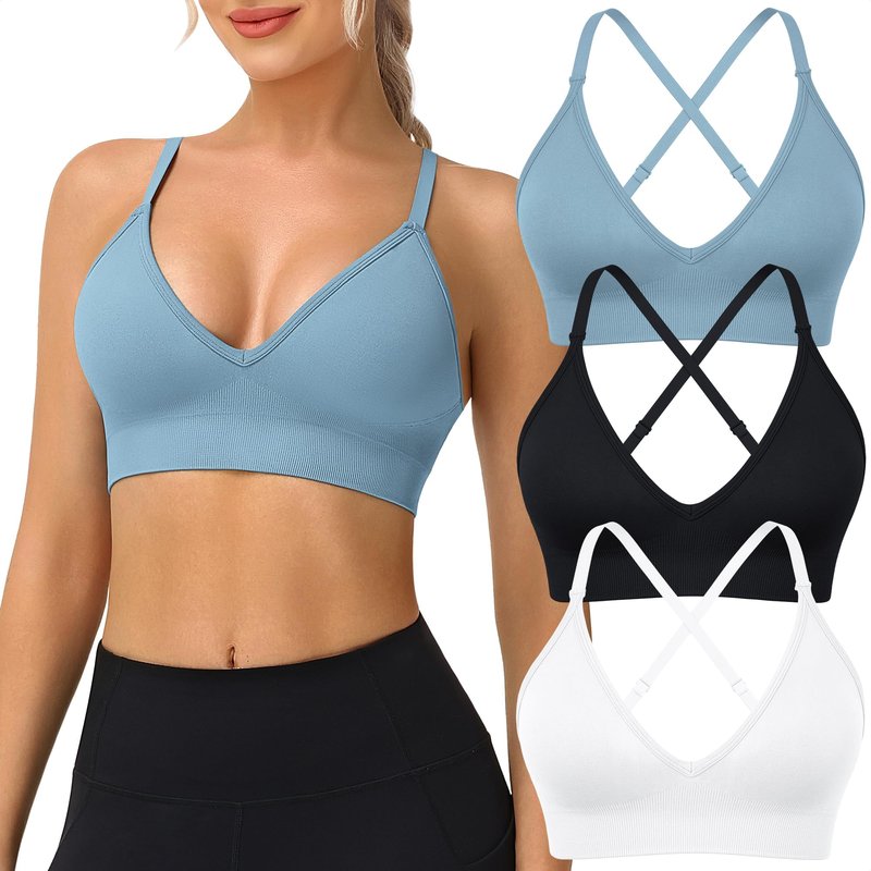 WANAYOU Sports Bras for Women, V Neck Adjustable Spaghetti Strap Criss Cross Sports Bra Padded Low Impact Wireless Seamless Sexy Bralettes for Athletic 3 Pack Black White Blue Large