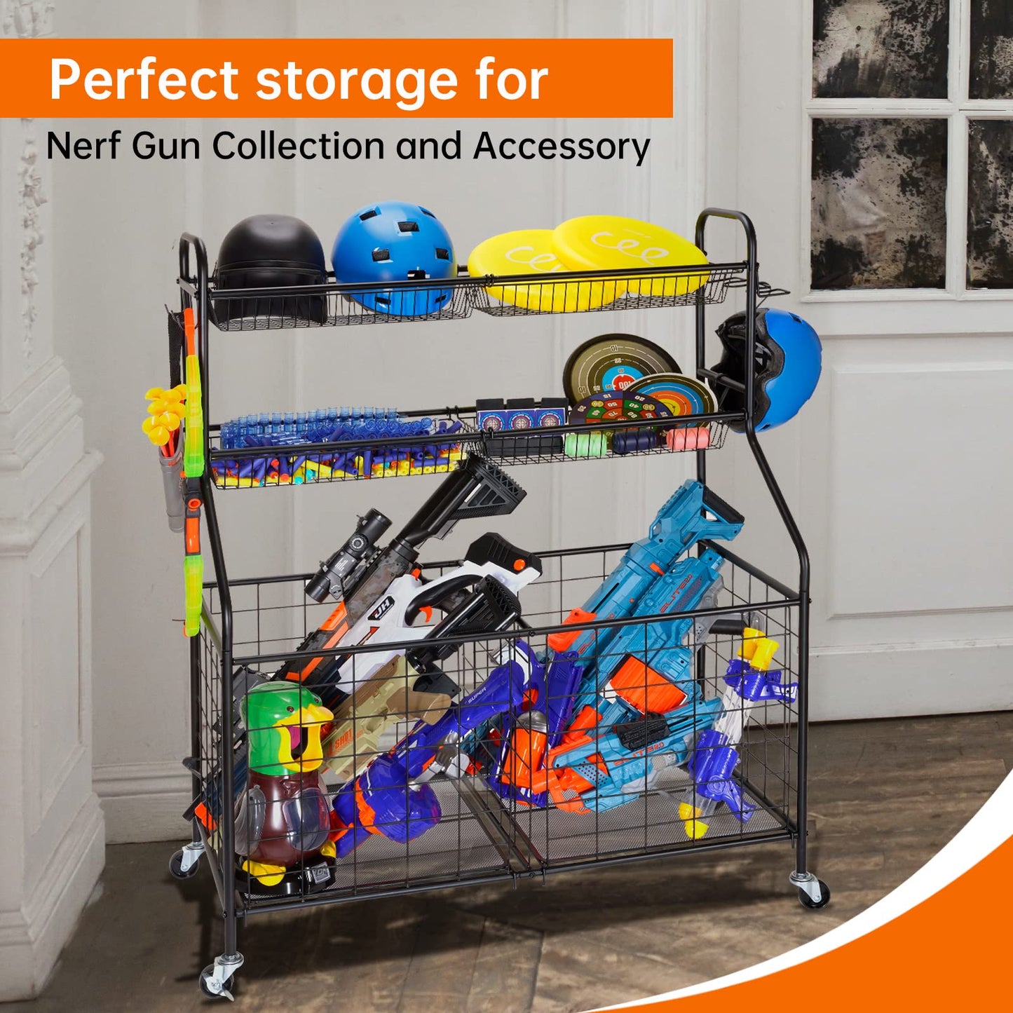 WEYMILA Sport Equipment Organizer for Garage, Steel Basketball Rack with Baseball Bat Holder and Hooks, Easy Assembly Storage for Balls, Kids' Toys, and Workout Gear in Basement, Home Gym, Outdoor