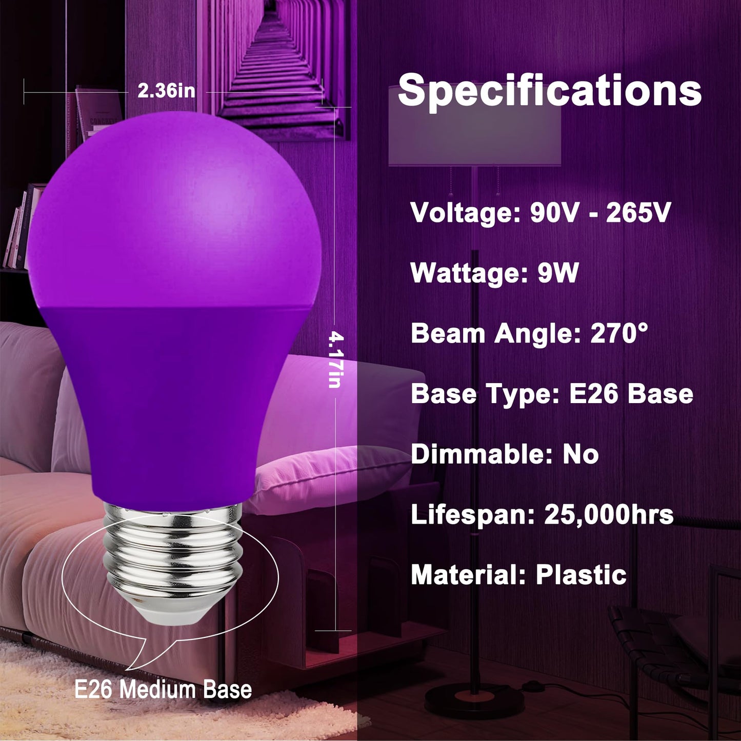 Purple LED Light Bulbs - 9W(60W Equivalent) Soft Violet Glow, A19 Bulb with E26 Base, Non-Dimmable Purple Light Bulb for Indoor/Outdoor Use, Halloween, Christmas, Porch, Parties(4-Pack)