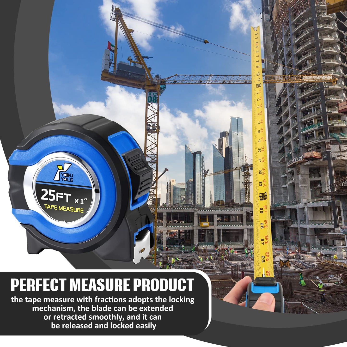 Youyole 24 Pack Tape Measure with Fractions 1/8 Steel Measuring Tape Retractable Easy Read Measurement Ruler Steel Power Blade (25 ft X 1 in,Blue)